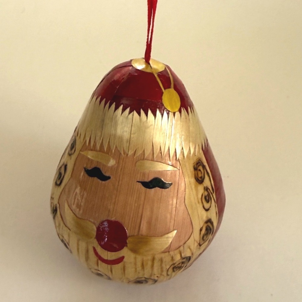 Vintage Straw Folk Art Santa Face Christmas Ornament Handmade‎ Hanging Decor